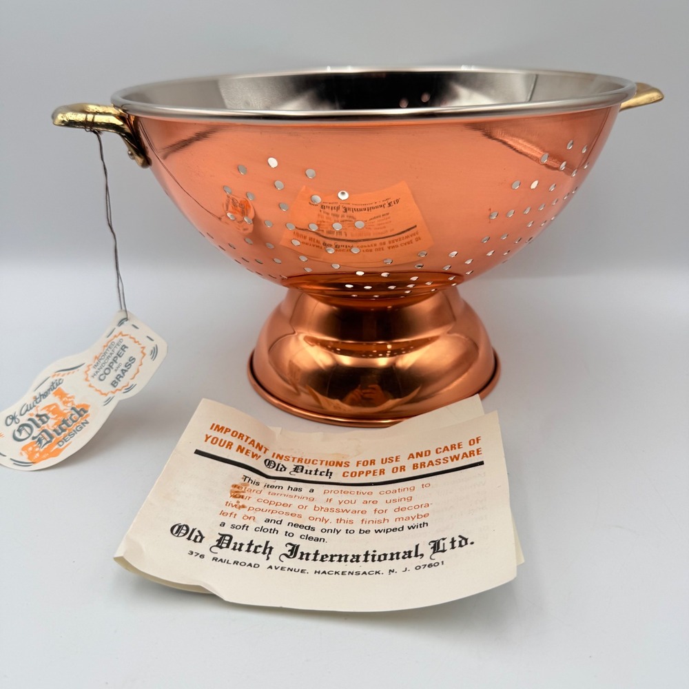Old Dutch International Copper Brass Colander Handcrafted Pedestal Strainer 9in